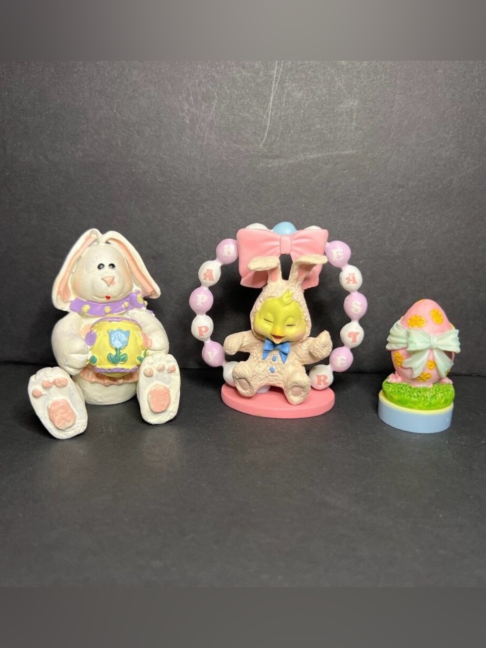 Vintage Lot of 3 Colorful Easter Decor Bunny Rabbit Egg Figurines & Stamp